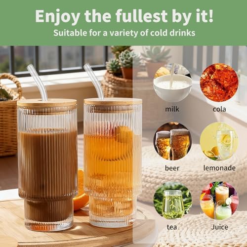 4 Pack Glass Cups with Lids and Straws, 16oz Ribbed Drinking Glasses Tumblers Durable Drinkware Water Glasses Cup Ideal Gift for Home, Kitchen, Office - Image 6