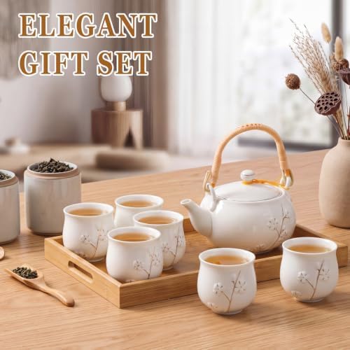 Layhit Japanese Asian Tea Set for Adults with 1 Teapot 6 Cups 1 Tray, 20 oz Traditional Portable Japanese Kiln Altered Glaze Porcelain Tea Set for Women Mother's Day Gifts(White, Plum) - Image 6