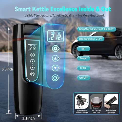 Car Electric Kettle for Travel : FVPE 12V/24V Small Electric Water Kettle, Multi-Temp Control 400 mL Portable Car Water Boiler for Brewing Coffee Tea,LCD Display 304 Stainless Steel Truck Heating Cup - Image 4