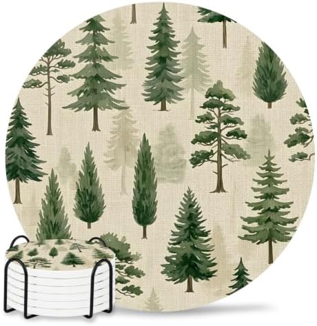 Green Christmas Tree Absorbent Ceramic Coasters Set of 6 with Holder, Xmas Pine Trees Natural Forest Rustic 4" Round Drink Coasters with Cork Base, Coffee Mugs Mats for Housewarming Gift/Bar/Party by Unknown