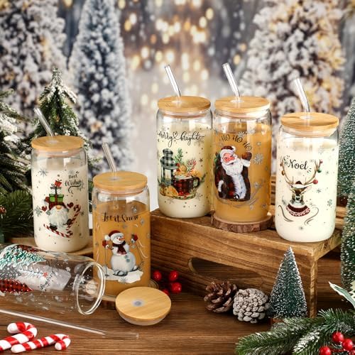 6 Set Christmas Glasses Cups with Bamboo Lid and Glass Straw 16 oz Christmas Drinking Cup Red Black Santa Gingerbread Beer Iced Coffee Cup Xmas Tumbler Mugs for Women Men Holiday Party Gifts - Image 4
