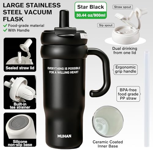 MUHAN 30oz Insulated Tumbler with Handle, Stainless Steel Water Bottle, Travel Mug (Star Black-Ceramic inner（Lid+tea strainer+Straw+handle）, MUHAN 30oz Insulated Tumbler with Handle) - Image 2