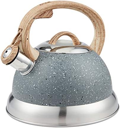 Creative Home 2.3 Qt. Stainless Steel Whistling Tea Kettle Teapot with Ergonomic Wood Rubber Touching Handle, Opaque Gray with Speckle by LUXGRACE