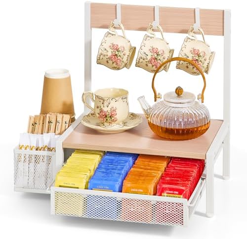 DGWJSU Tea Bag Organizer, Wood Tea Organizer and Storage Cheast, Tea Bag Holder with Storage Drawer, 4 Hooks for Tea Cups Holder, Tea Station Chest Display Container Box for Countertop Kitchen (White) by DGWJSU