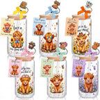 Vesici 6 Pcs Highland Cow Glasses with Lid Straw and Stopper, Cow Gifts by Vesici