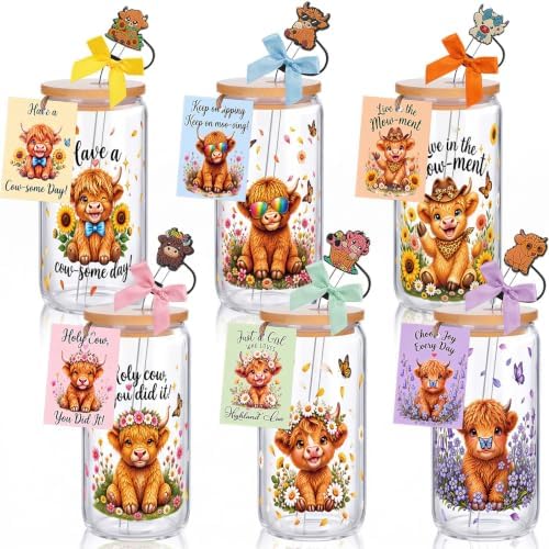 Vesici 6 Pcs Highland Cow Glasses with Lid Straw and Stopper, Cow Gifts by Vesici