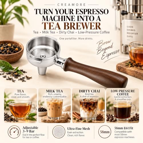 58mm Tea Portafilter, Adjustable 3-9 Bar Pressure, Walnut Handle - Brew Tea Concentrate for Milk Tea, Boba or Low-Pressure Pour-Over Style Coffee, No Grinder Needed, Fits E61 Machines - Image 3