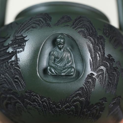 Tea Pots For Loose Tea Chinese Green Clay Carved Landscape Handle Teapot Home Retro Kung Fu Teapot Tea Infuser Pot - Image 3