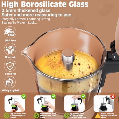 6 Cup 300ml Glass Moka Pot, Stovetop Espresso Maker, Black - Image 3