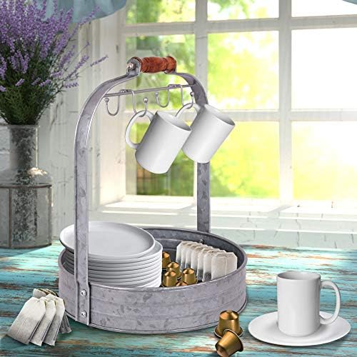 Autumn Alley Rustic Farmhouse Galvanized Coffee Mug Rack Organizer for Kitchen Counter | Mug Tree with Cup Hooks and Basket for Storage of k cups and Accessories | Perfect for Coffee Bar - Image 5