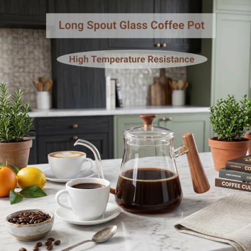 Pour Over Kettle, 350ml Glass Gooseneck Kettle, High Borosilicate Coffee and Tea Pot with Stable Effluent, Round Wood Handle, Fully Extract Coffee Tool - Image 3