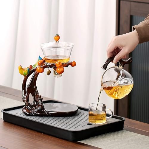 Zurucily Glass Kungfu Teapot Set Tea maker with Infuser Semi Automatic Tea Set (Bird-orange) - Image 5