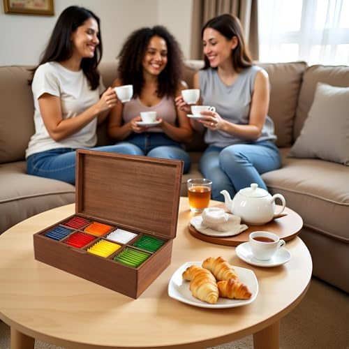 Acacia Wood Tea Bag Organizer Box – 8-Compartment Tea Storage Container Tea Caddy Holder with Removable Dividers – Rustic Tea Chest for Kitchen Counter, Coffee & Tea Station, Gifts - Image 3
