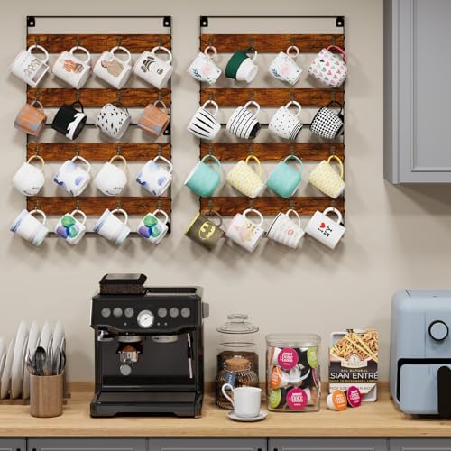 Huxitocan Wall Mount Coffee Mug Holder - Rustic Wood and Iron, Holds Up to 24 Mugs (3Pack) for Kitchen, Home, Coffee Bar - Image 4