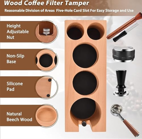 Espresso Accessories Kit 5-PCS Including Wooden Portafilter Station Organizer | 58MM Coffee Distributor | 58MM Tamper Press | WDT Stirrer Needle | Coffee Mat Brush, Multipurpose Espresso Tools - Image 3
