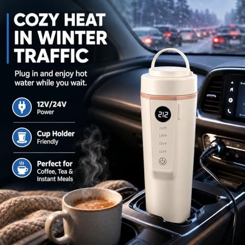 Car Electric Kettle 12V/24V Dual Voltage, Portable Travel Electric Kettle for Road Trips, Mini Small Water Boiler with 4 Temp Control, 316 Stainless Steel,16oz(Beige) - Image 3