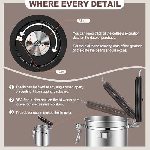 ShanSon Coffee Canister Airtight, Stainless Steel Bean Storage Container with Date Tracker & Scoop, Grounds Sugar Flour Tea Cereal Fits Kitchen Pantry, Ideal Gift for Coffee Lovers,12oz,Silver - Image 4