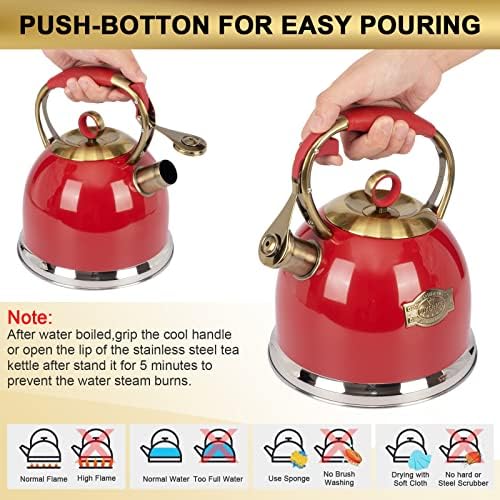 Tea Kettle, Stovetop Whistling Teapot, Stainless Steel, Red, 3.0-Quart - Image 5