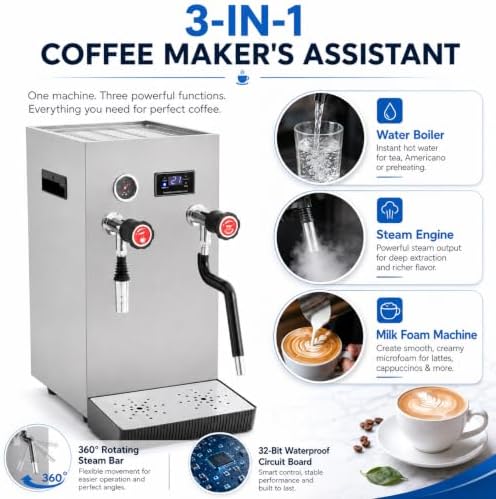 2500W Commercial Milk Frother and Steamer, 2.1Gal Stainless Steel Milk Foam Machine with Steam Wand for Latte, Cappuccino, Coffee Shop, Silver - Image 3