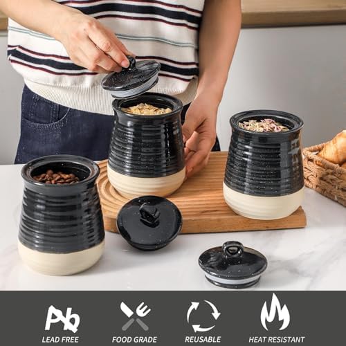 Ceramic Food Storage Jars,25 Oz Porcelain Kitchen Canisters with Airtight Lids Set of 3,Flour Containers for Countertop,Farmhouse Decor Serving Ground Coffee,Tea,Sugar,Pasta and Rice,Black＆White - Image 2