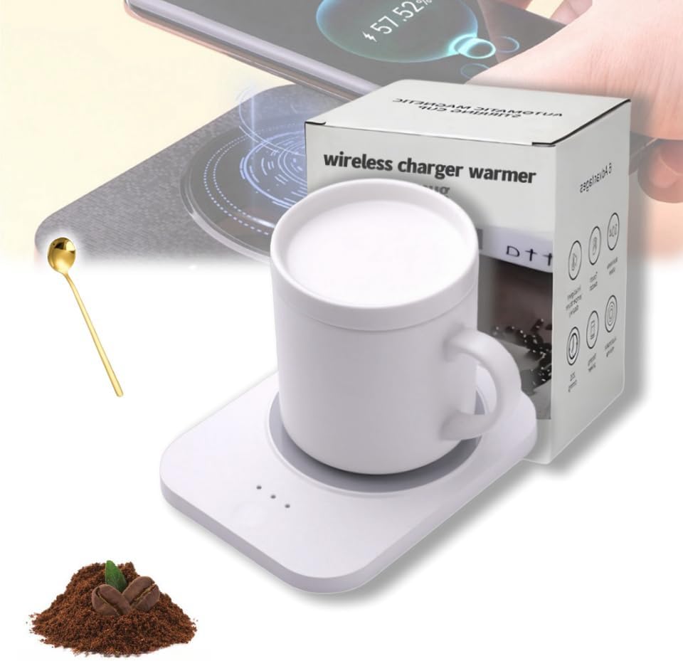 Wireless Tea Warmer Set,Smart Heated Mug Kit with Wirelessly Charge cell phone,Mug Warmer for Desk,Electric Coffee Warmer with Mug Set,Cordless Cup Warmer Rechargeable,Heated Cup Auto Shut Off (White) by Unknown