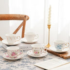 Agyiuns tea cups and saucers ceramic coffee mug 6oz set of 4 for Latte, Cafe Mocha, white with flowers - Image 6