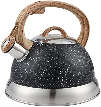 Creative Home 2.3 Qt. Stainless Steel Whistling Tea Kettle Teapot with Ergonomic Wood Rubber Touching Handle, Opaque Black with Speckle by LUXGRACE