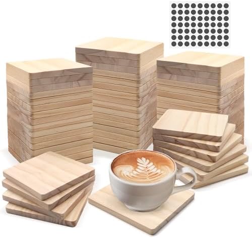60 Pack 4 Inch Unfinished Square Wood Coasters with Non Slip Pad by SIJDIEE