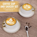 8.5oz Cappuccino Cups with Saucers Set of 6, Ceramic Coffee Cup and Saucer with Gold Rim, Vertical Ribbed Latte Mugs, White Porcelain Tea Cup Set for Wedding, Cafe, Party & Daily Use - Image 5