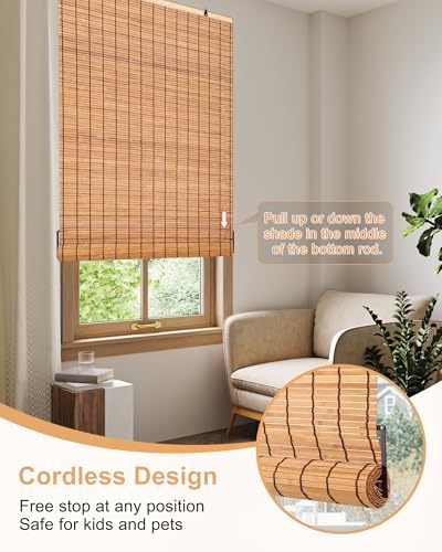 36" W x 72" H Cordless Bamboo Roman Shades for Interior, Camel - Image 2