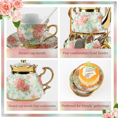 20Pcs Porcelain Tea Set for Adults, European Ceramic Tea Set Flower Ceramic Tea Cups (3oz), Teapot (15oz), & Saucers with Metal Holder for Women Tea Party - Image 3
