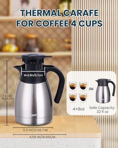 GiNT 34Oz Thermal Coffee Carafe, Insulated Stainless Steel Coffee Carafes for Keeping Hot/Double Walled Vacuum Coffee Carafe (Silver, 1L) - Image 4