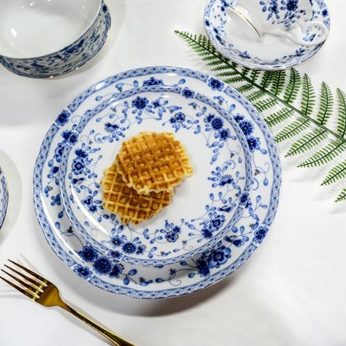 Fine Bone China Dinnerware Set, 12-Piece Blue and White Porcelain Dinnerware Set, Plates and Bowls Sets, Service for 4(Blue A) - Image 2