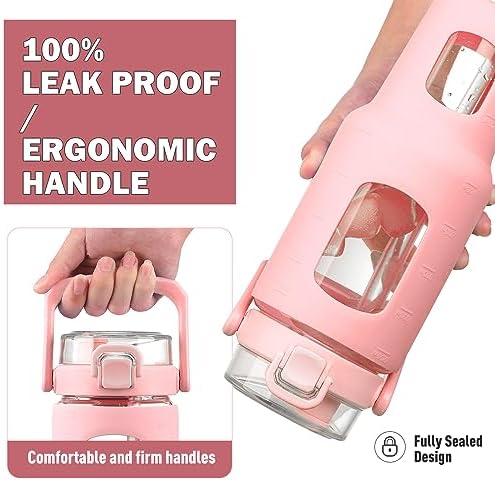 BLUEGO 40oz Glass Tumbler with Lid and Straw, Glass Water Bottles with Handle, Glass Cup with Time Marker and Silicone Sleeve, Fits Most Cup Holder, Leak-proof, Pink - Image 3