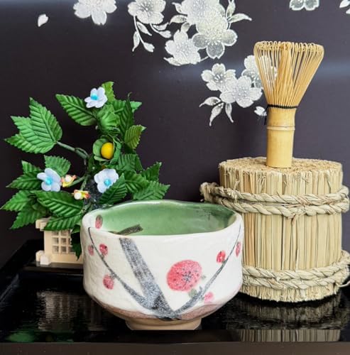 Japanese Traditional Mino Ware Handcrafted Mini Matcha Chawan Tea Bowl Cup Set with Chasen Bamboo Tea Whisk Ceremony Tableware Pottery (Oribe Ume) - Image 5