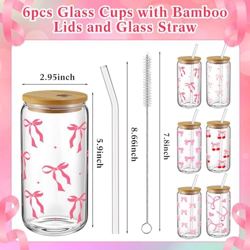 6 Pcs Pink Bow Cherry Glass Cups with Lids and Straws 16 oz - Image 2
