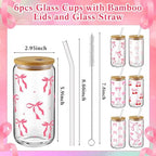 6 Pcs Pink Bow Cherry Glass Cups with Lids and Straws 16 oz - Image 2