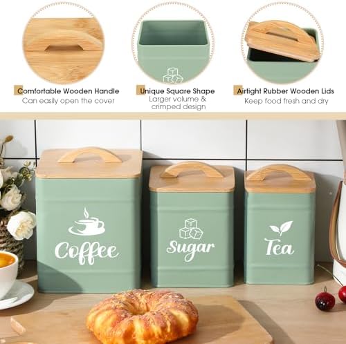 Maxdot 3 Set Coffee Tea Sugar Containers Kitchen Canisters, Turquoise - Image 3