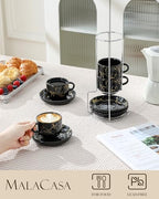 MALACASA 4 OZ Porcelain Espresso Cups with Saucers and Metal Stand Set of 4, Stackable Cappuccino Cups, Marble Black Expresso Shots Cup Set for Coffee Drinks, Latte, Tea - Image 3