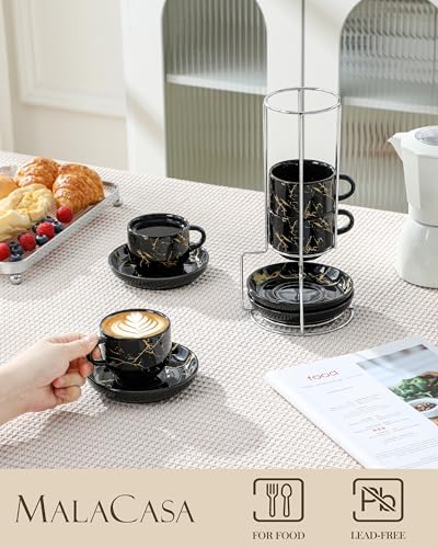 MALACASA 4 OZ Porcelain Espresso Cups with Saucers and Metal Stand Set of 4, Stackable Cappuccino Cups, Marble Black Expresso Shots Cup Set for Coffee Drinks, Latte, Tea - Image 3