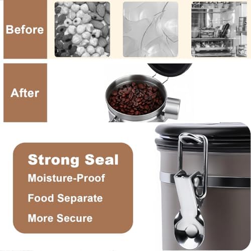 Coffee Canister Airtight Storage Container Stainless Steel Coffee Jar with Scoop,Date Tracker CO2 Release Valve for Dry Food Beans Ground Tea Flour Cereal and Sugar (1.8L Grey-Brown With Spoon(2pcs)) - Image 4