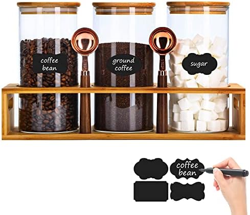 ZOMUIA Glass Coffee Containers Airtight Coffee Bean Storage Canisters with Shelf, 3Pcs 44oz Coffee Station Organizer, Kitchen Food Storage Jars for Sugar, Candy, Oats, Nuts by ZOMUIA