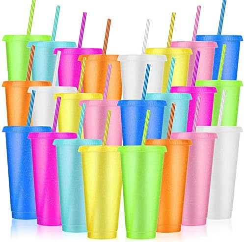 24 Pack 24 oz Plastic Tumblers with Lids and Straws, Reusable BPA-Free Colorful Cups, Bulk Cold Drink Cups for Parties, Birthdays, Graduation & Gifts, 8 Colors by LEIFEOSH