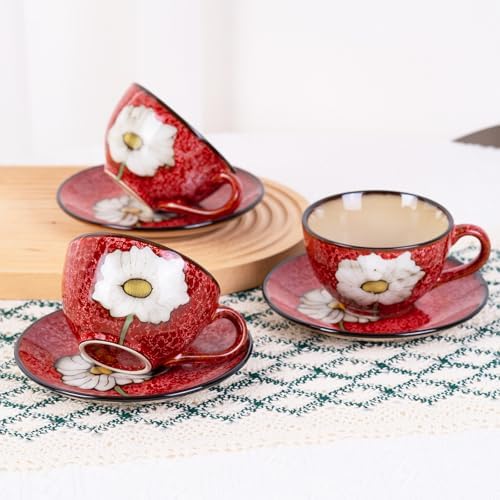 8 Oz Floral Porcelain Cappuccino Cups with Saucers Set of 4, Stoneware Tea Coffee Mugs for Home Kitchen & Office, Dishwasher Microwave Oven Safe, for Espresso, Latte, Americano, Milk & Tea, Red - Image 2