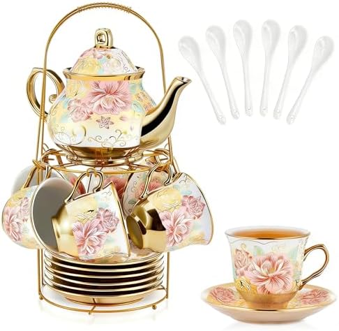 20 Pcs Porcelain Tea Set with Metal Holder, European Ceramic Tea Set for Adults, Antique Enamel Tea Cup Saucer Set for Party, Coffee Tea Gift Sets with Pink Flower Painting (Pink Enamel) by Hebaogugu