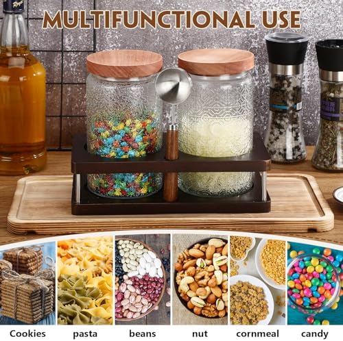 Suclain Glass Coffee Grounds Container with Shelf 2 x 34 oz Glass Coffee Bean Storage Canisters with Airtight Thread Lid and Measuring Spoon Food Storage Jars for Kitchen Sugar(Classic Style) - Image 4