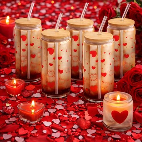 6 Pcs Glass Cups with Lids and Straws 16 oz Hearts Coffee,Red - Image 4