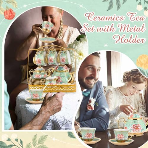 22 Pcs Vintage Porcelain Tea Sets for 6, Green Peony Floral - Image 5