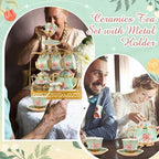 22 Pcs Vintage Porcelain Tea Sets for 6, Green Peony Floral - Image 5