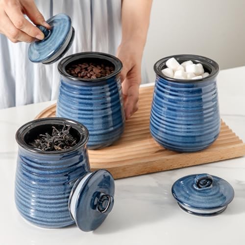 Ceramic Food Storage Jars,25 Oz Porcelain Kitchen Canisters with Airtight Lids Set of 3,Flour Containers for Countertop,Farmhouse Decor Serving Ground Coffee,Tea,Sugar,Pasta and Rice,Blue - Image 2